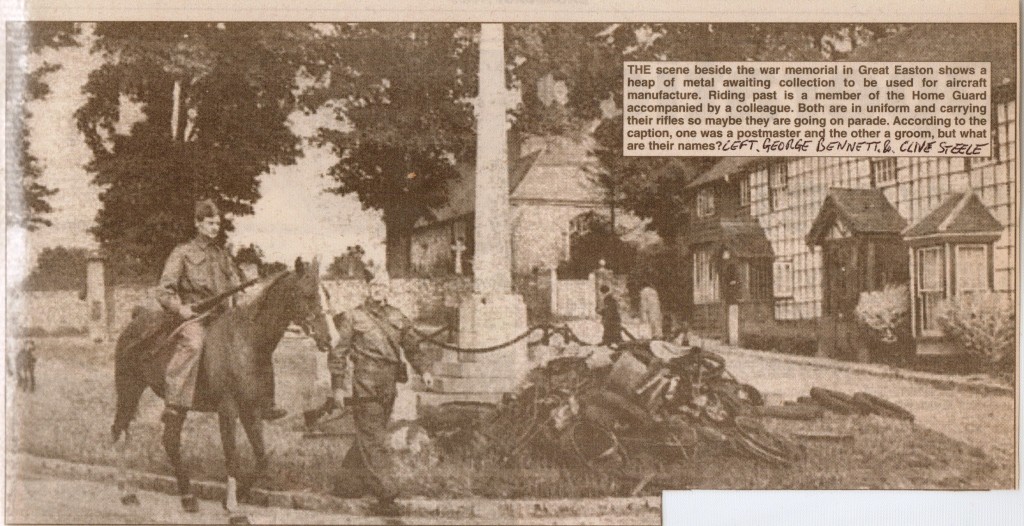 Mr. George Bennett of Great Easton, on horseback, talking to Postmaster, Captain Clive Steele on the Village Green at Great Easton.